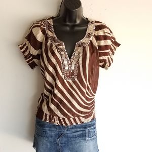 V-Neck Embellished Smocked Waist Blouse